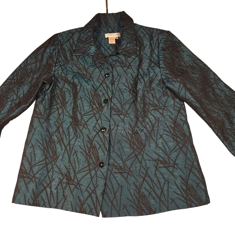Coldwater Creek Womens Teal Black Abstract Crinkle Button Front Jacket H19336 M
